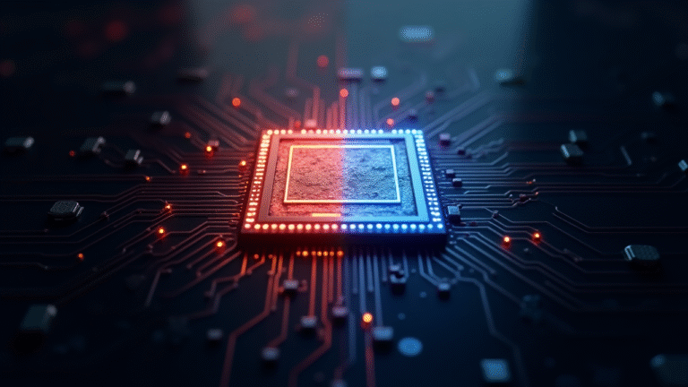 A visual digital abstraction concept of a microchip – divided into two sides one in red, and one in blue.