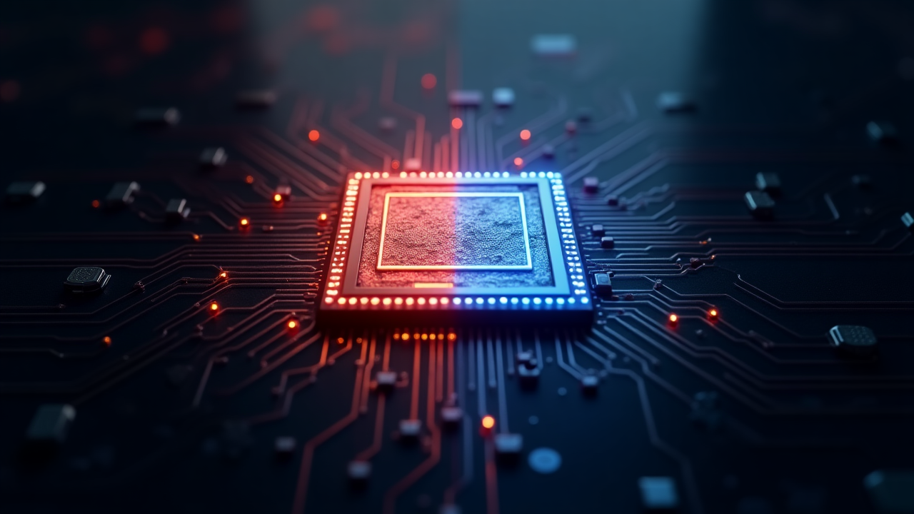 A visual digital abstraction concept of a microchip – divided into two sides one in red, and one in blue.