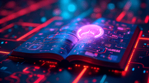 A digital abstraction of an open book, it shows everything and anything you need to know about AI, connected to a network neural connection