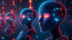 A digital abstract concept representation of several AI digital agent/avatar, all busy working and connected to the network.
