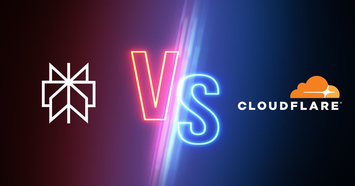 A digital cyberpunk representation of Perplexity one one side, going head to head against CloudFlare.