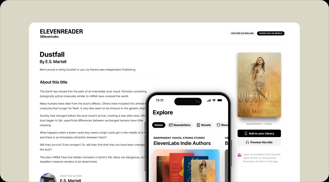 A screenshot showcase of ElevenLabs and how it works in creating audio books.