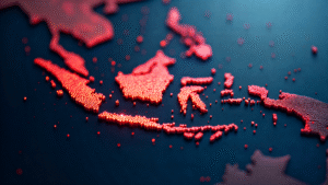 A digital 3d map of Indonesia – in cyberpunk visual concepts. Variety of spots are inter-connected with each other.