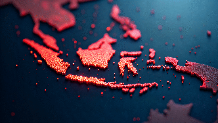 A digital 3d map of Indonesia – in cyberpunk visual concepts. Variety of spots are inter-connected with each other.