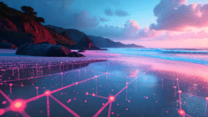 A beautiful beach landscape of Angula – connected to a visualization of digital neural network