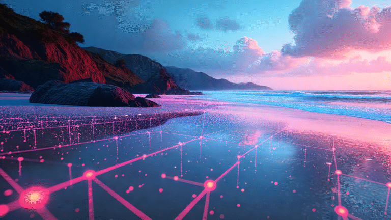 A beautiful beach landscape of Angula – connected to a visualization of digital neural network