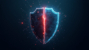 A digital concept of a digital shield that is cracked in the middle. A growing problem.