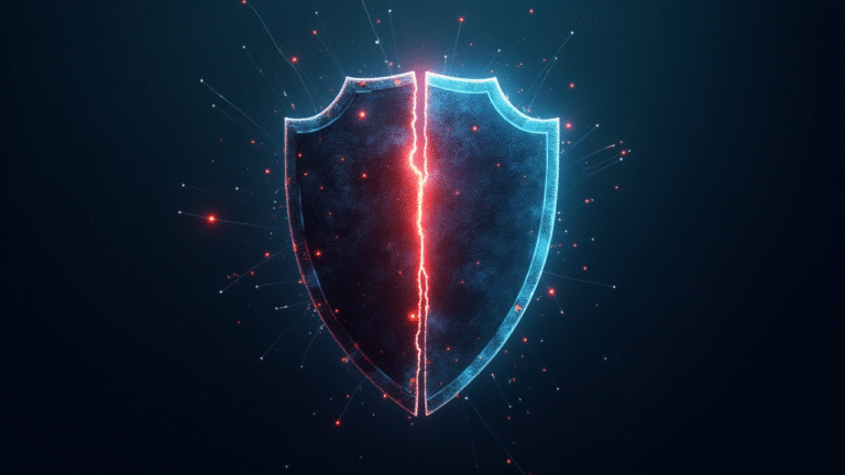 A digital concept of a digital shield that is cracked in the middle. A growing problem.