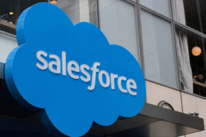 The company logo for Salesforce.com is displayed on the Salesforce Tower in New York